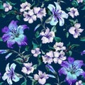 Beautiful purple tiger lilies on twigs on deep blue background. Seamless floral pattern. Watercolor painting. Royalty Free Stock Photo