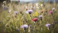 Beautiful purple wildflower blossoms in a green meadow under summer sun generated by AI