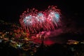 Beautiful and pyrotechnic fireworks in Recco, Italy / Fireworks in Recco, Genoa, Italy Royalty Free Stock Photo