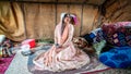 Beautiful Qashqai nomadic woman inside her tent, Shiraz, Iran