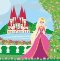 Beautiful queen in front of her castle Royalty Free Stock Photo