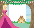 Beautiful queen in front of her castle card Royalty Free Stock Photo