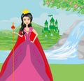 Beautiful queen in front of her castle Royalty Free Stock Photo