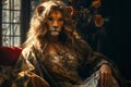 Beautiful queen with lioness face sits at her thron