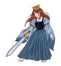 Beautiful queen with red hair, in blue dress and crown. Woman warrior standing with sword.