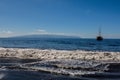 Beautiful and quiet Beach Masca. Pirate ship coming to the island.. Volcanic island. Mountains of the island of Tenerife