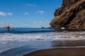 Beautiful and quiet Beach Masca. Pirate ship coming to the island.. Volcanic island. Mountains of the island of Tenerife