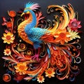 Quilling paper filigree phoenix with colorful flowers Generative AI