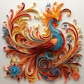 Quilling paper filigree phoenix with colorful flowers Generative AI