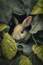 Beautiful Rabbit Hiding Behind Leaves