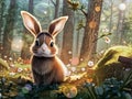 Beautiful rabbit in the winter forest christmas background color art.