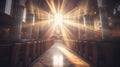 Beautiful radiant beam of light piercing through stained glass windows, illuminating the interior of church Royalty Free Stock Photo