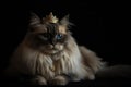 Beautiful Ragdoll Cat In Gold Crown On Matte Black Background. Generative AI