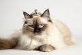 Beautiful Ragdoll Cat In Gold Crown On White Background. Generative AI