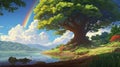 Beautiful Rainbow With Canopy Tree In Makoto Shinkai-inspired Cartoon Style Royalty Free Stock Photo