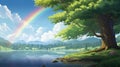 Beautiful Rainbow With Canopy Tree In Makoto Shinkai-inspired Cartoon Style Royalty Free Stock Photo