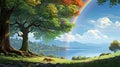 Beautiful Rainbow With Canopy Tree In Makoto Shinkai-inspired Cartoon Style Royalty Free Stock Photo
