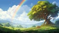 Beautiful Rainbow With Canopy Tree In Makoto Shinkai-inspired Cartoon Style Royalty Free Stock Photo