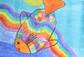 Beautiful rainbow fish - children watercolor painting