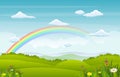 Beautiful Rainbow Sky with Green Meadow Mountain Nature Landscape Illustration Royalty Free Stock Photo