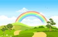 Beautiful Rainbow Sky with Green Meadow Mountain Nature Landscape Illustration Royalty Free Stock Photo