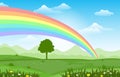 Beautiful Rainbow Sky with Green Meadow Mountain Nature Landscape Illustration Royalty Free Stock Photo