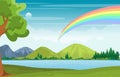 Beautiful Rainbow Sky with Green Meadow Mountain Nature Landscape Illustration Royalty Free Stock Photo