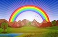 Beautiful Rainbow Sky with Green Meadow Mountain Nature Landscape Illustration Royalty Free Stock Photo