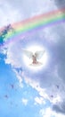 Beautiful rainbow on the sky with white dove