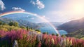 beautiful rainbow on sunset sky across a stunning vista lake landscape,mountains wildflowers sun flares