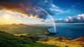 rainbow on sunset sky across a stunning vista landscape,mountains wildflowers sun flares Royalty Free Stock Photo