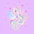 Beautiful rainbow unicorn with long mane on a pink background