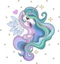 A beautiful rainbow unicorn with a long mane among the stars.