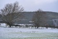 Rare winter landscape of typical Irish farm with wild birds on grass in Ticknock, Co. Dublin, Ireland