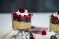 Beautiful Raspberries in Two Glass Cups of Tapioca Parfait with Raspberry, Blueberry with whipped cream and a Cherry on Top.