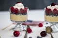 Beautiful Raspberries in Two Glasses of Tapioca Pudding with blueberries and Raspberries with a Bright Cherry in Whipped Cream..