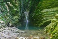 Beautiful ravine overgrown with moss and ivy with a calm river and small waterfall