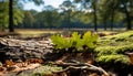 Beautiful rays of sunlight shining through vibrant green oak tree leaves in a serene natural setting Royalty Free Stock Photo