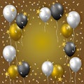 Realistic celebration vector template with golden, silver and black flying party balloons, confetti and stars on golden background Royalty Free Stock Photo