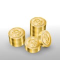 Beautiful realistic cryptocurrency vector of golden bitcoins piled on white background