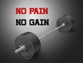 Beautiful realistic fitness vector banner of an olympic barbell with black iron plates on dark background and no pain no gain sign