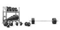 Realistic fitness vector of olympic barbell, black dumbbels, a set of kettlebells and a storage shelf with barbell plates
