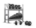 Realistic fitness vector on white background of a storage shelf full of black iron weight barbell plates and iron dumbbells