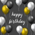 Beautiful realistic happy birthday vector greeting card with golden, silver and black flying party balloons on grey background Royalty Free Stock Photo