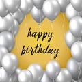 Beautiful realistic happy birthday vector greeting card with silver flying party balloons on golden background Royalty Free Stock Photo