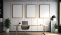 Three vertical white blank frames hanging on wall. Modern wooden office interior. Generative AI Royalty Free Stock Photo