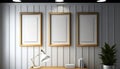 Three vertical white blank frames hanging on wall. Modern wooden office interior. Generative AI Royalty Free Stock Photo