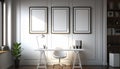 Three vertical white blank frames hanging on wall. Modern wooden office interior. Generative AI Royalty Free Stock Photo