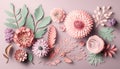 Top view image of pink flowers composition over pastel background. Generative AI Royalty Free Stock Photo