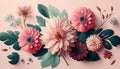 Top view image of pink flowers composition over pastel background. Generative AI Royalty Free Stock Photo